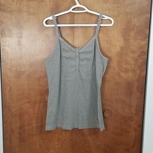 Grey ribbed, lace edged, button down tank top